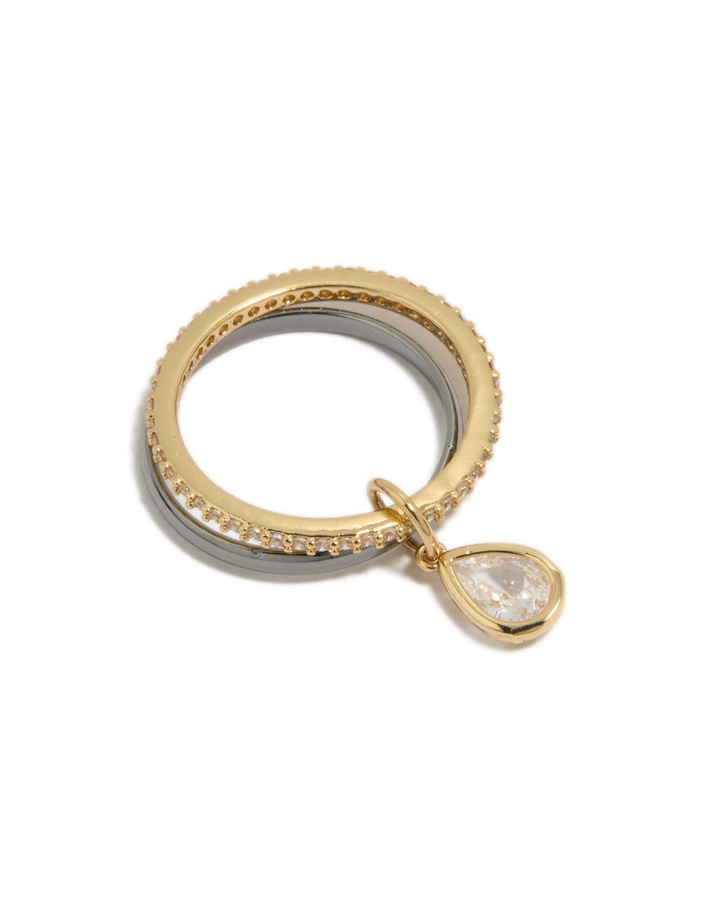 Showcasing a mixed metal plated cubic zirconia band and stacked ring with charm in gold and silver front view