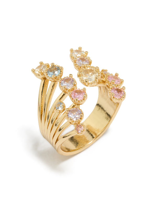 Highlighting a gold plated open ring with pink and blue cubic zirconia side detail view