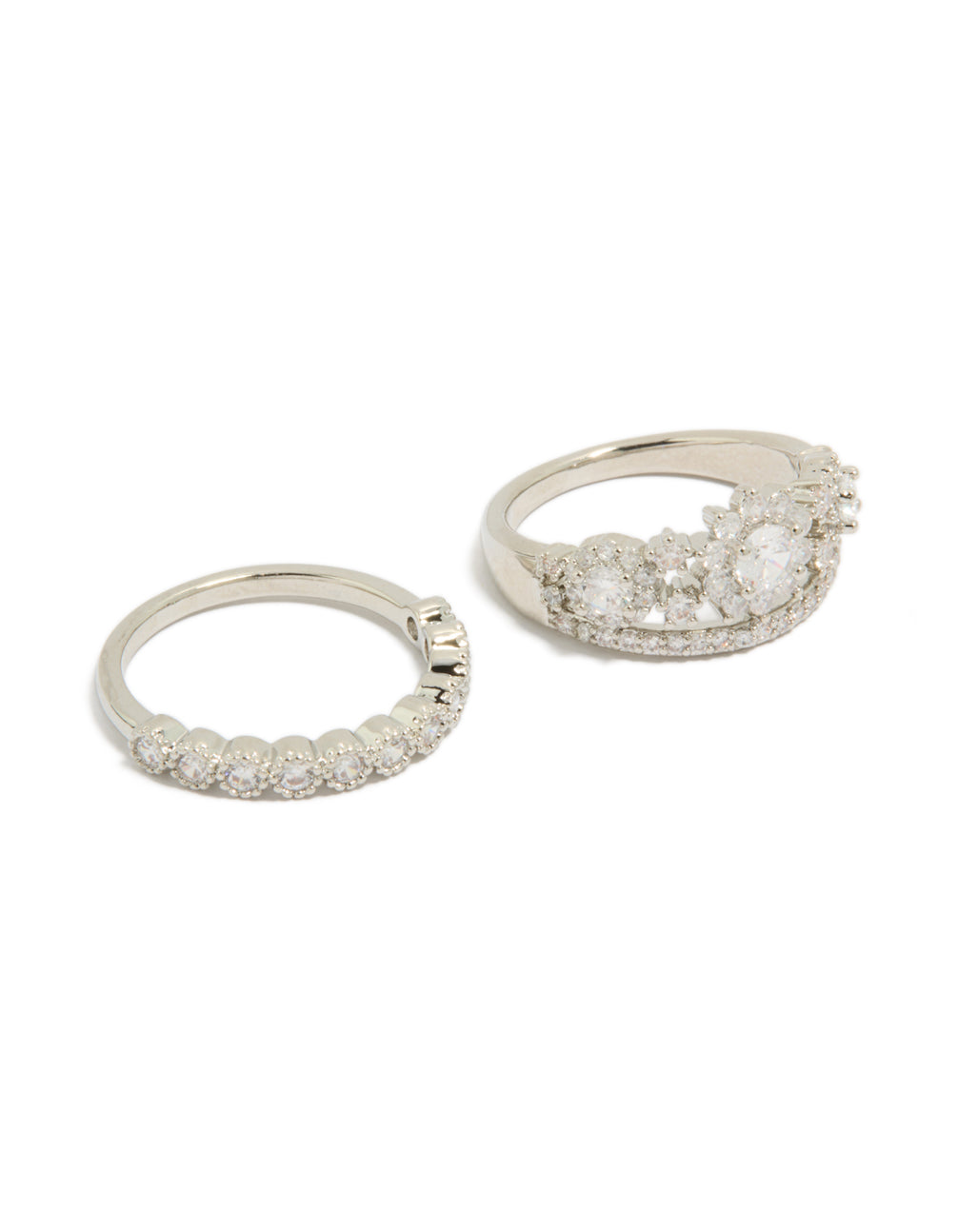 Beautifully designed silver cubic zirconia band and floral stacking rings in a 2-pack featuring crystal embellishments front view