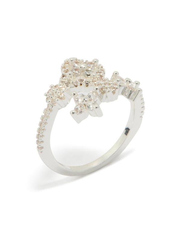 Crafted from silver plated material with dainty cubic zirconia floral wrap design in clear side detail view