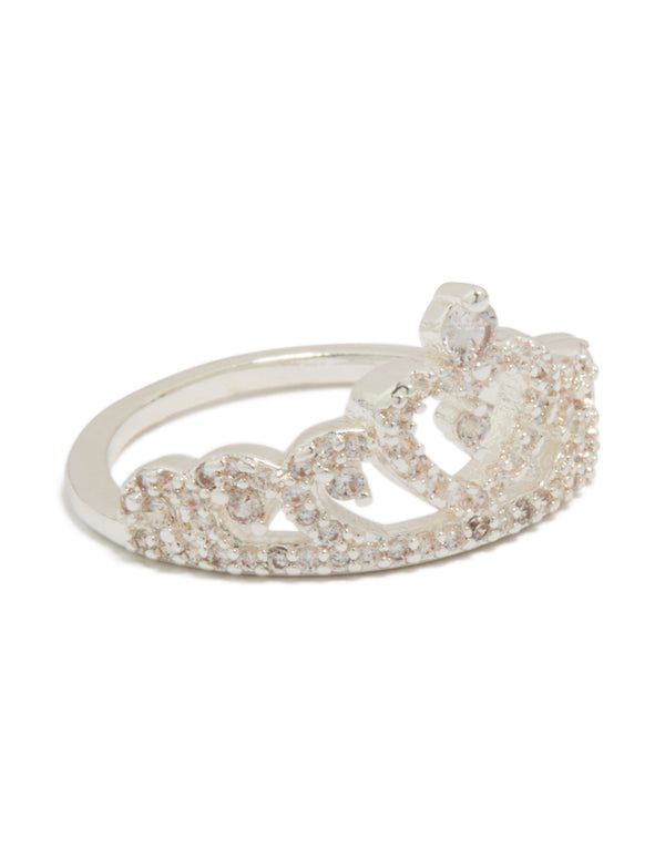 Stunning silver plated cubic zirconia princess heart ring with statement design front view