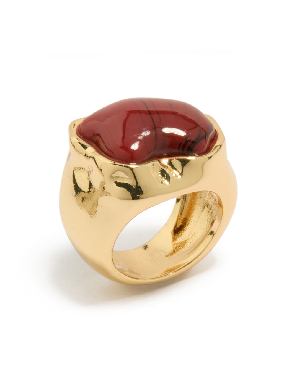 Highlighting a gold plated chunky molten burgundy stone ring in maroon side detail view
