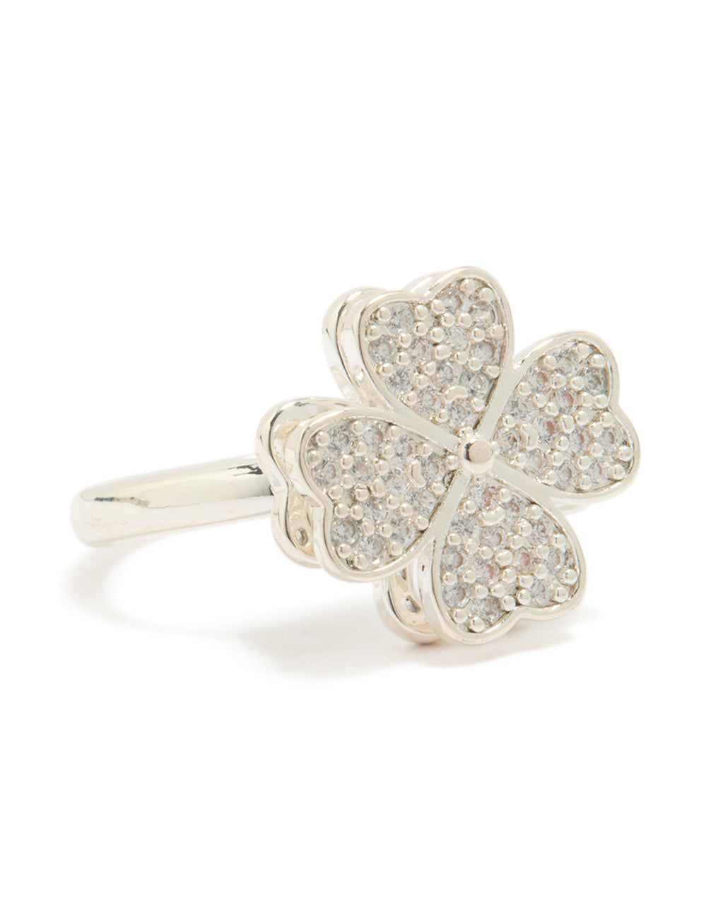 Featuring a waterproof stainless steel spinning clover ring with floral and heart design and cubic zirconia in silver and clear front view