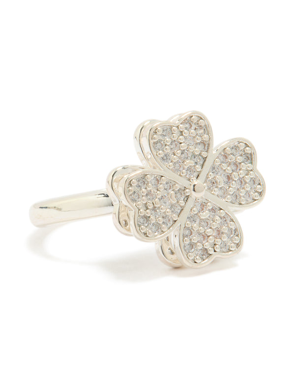 Featuring a waterproof stainless steel spinning clover ring with floral and heart design and cubic zirconia in silver and clear front view