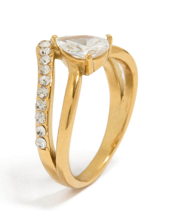 Waterproof Gold Plated Stainless Steel Pear Cubic Zirconia Layered Ring