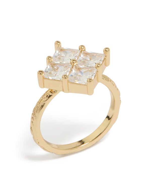 Designed with a statement ring in gold plated cubic zirconia featuring textured square shape front view