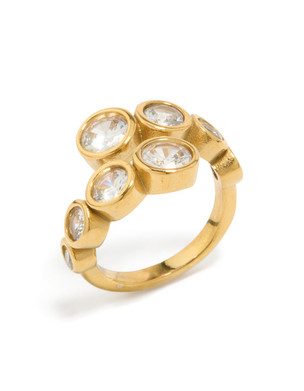 Highlighting a waterproof gold stainless steel cubic zirconia bezel wrap ring side detail view