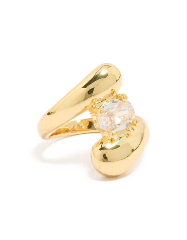 Showcasing a statement puffy wrap ring crafted from gold plated metal featuring cubic zirconia front view