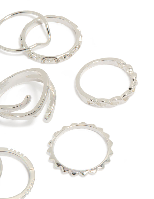 Highlighting mixed swirl stacking rings 8-pack with charm disc elements in silver side detail view