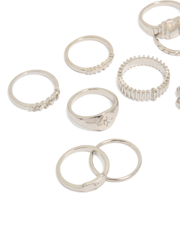 Featuring silver signet and ribbed rings in a 10-pack with celestial star in a dainty styling close up view