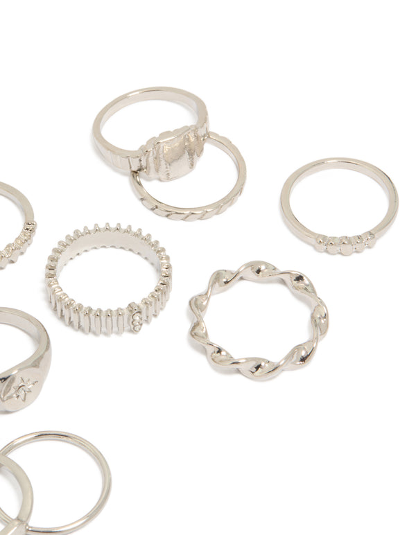 Crafted from silver, signet and ribbed ring 10-pack with celestial star in a dainty design side detail view