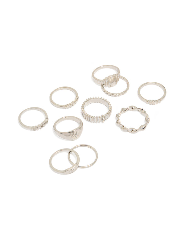 Discover a silver signet and ribbed ring 10-pack featuring celestial star in a dainty elements front view