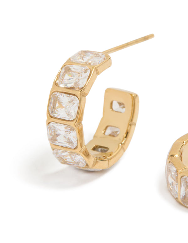 Showcasing waterproof gold plated stainless steel cubic zirconia rectangle bezel hoop earrings with detailed craftsmanship close up view