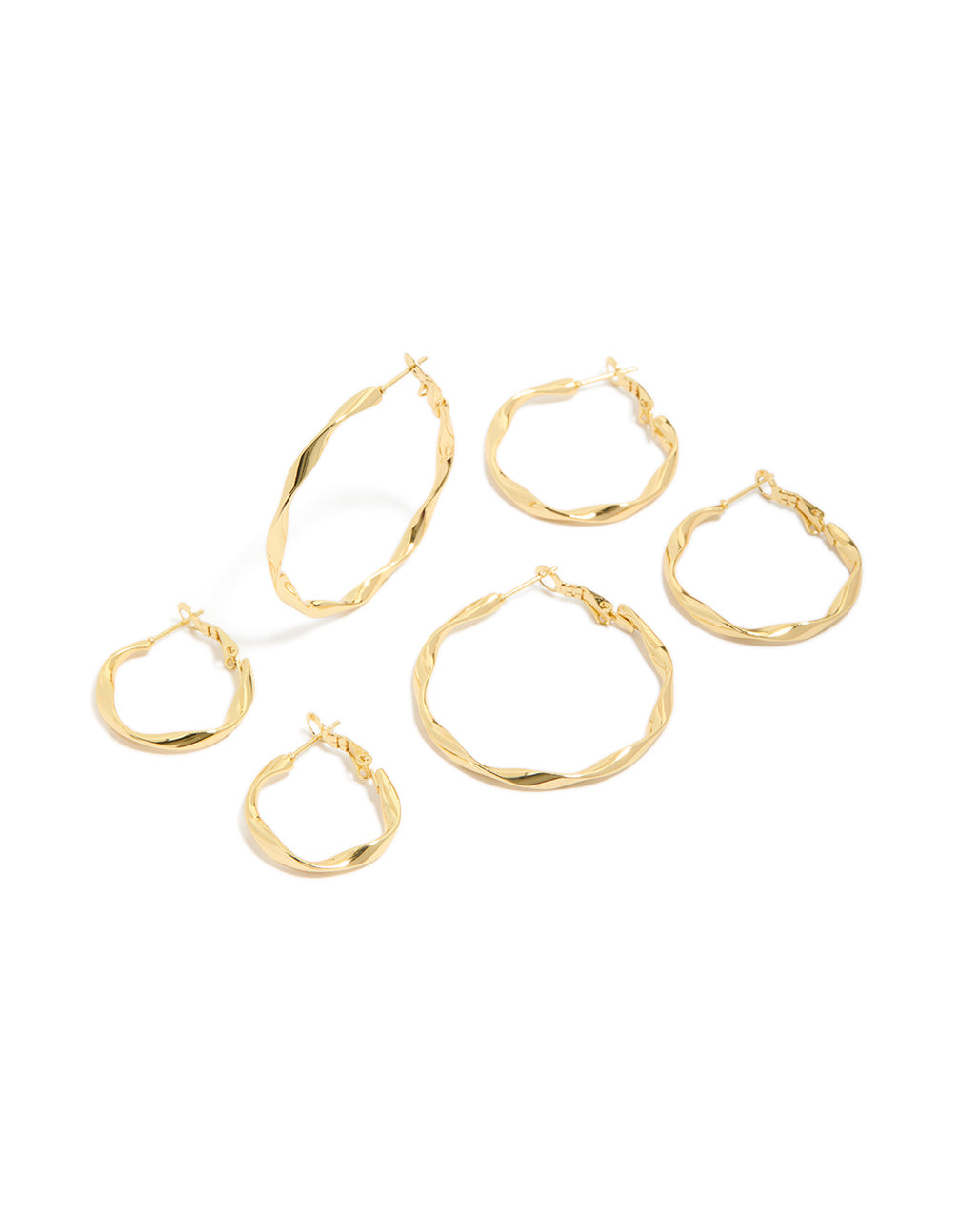 Showcasing waterproof twisted hoop earrings in gold plated stainless steel 3-pack front view
