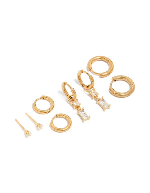 Showcasing waterproof gold plated stainless steel huggie and stud earrings in a 4-pack featuring baguette cut cubic zirconia crystals front view