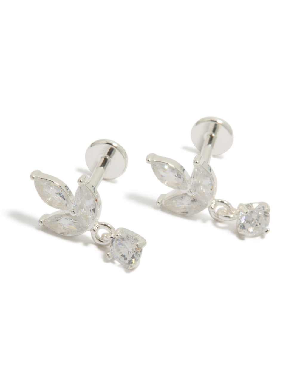 Crafted from waterproof stainless steel flower cubic zirconia flat back studs featuring floral and leaf details in dainty silver and white front view
