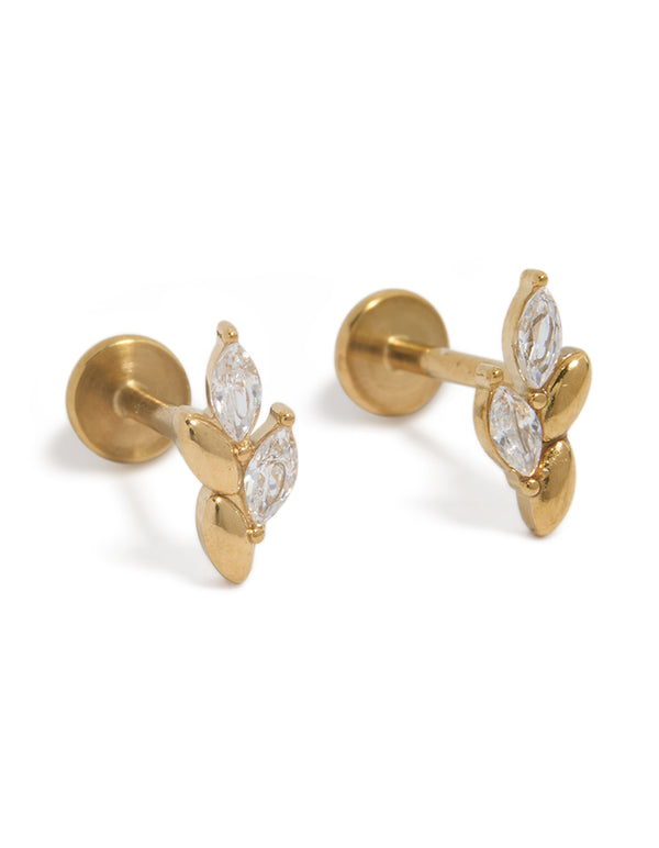 Waterproof Gold Plated Stainless Steel Cubic Zirconia Vine Flat Back Earrings