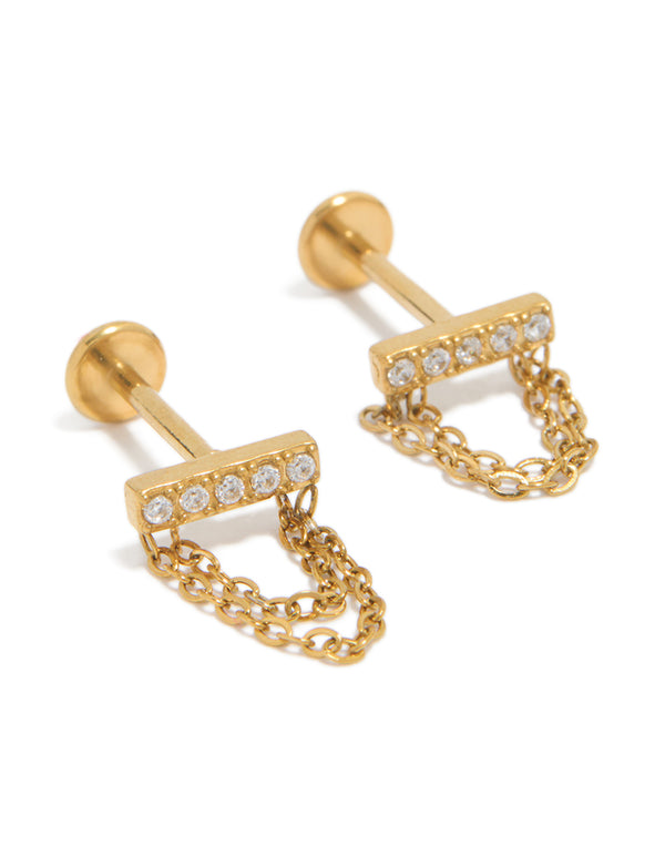 Showcasing bar studs with cubic zirconia crafted from waterproof stainless steel in gold plated finish and flat back closure front view