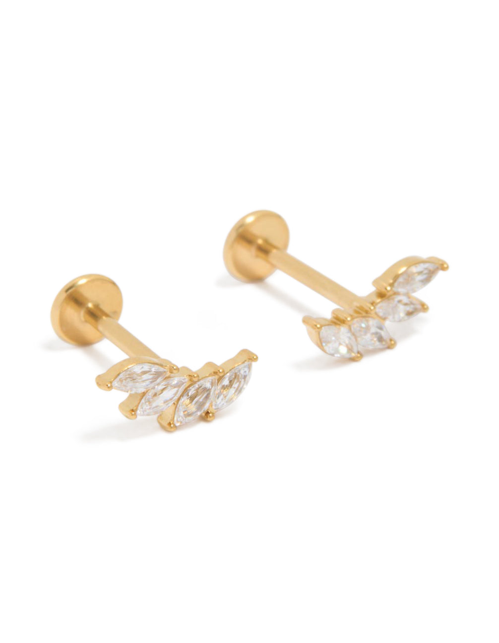 Stunning waterproof graduated marquise cubic zirconia flat back studs crafted from gold plated stainless steel front view