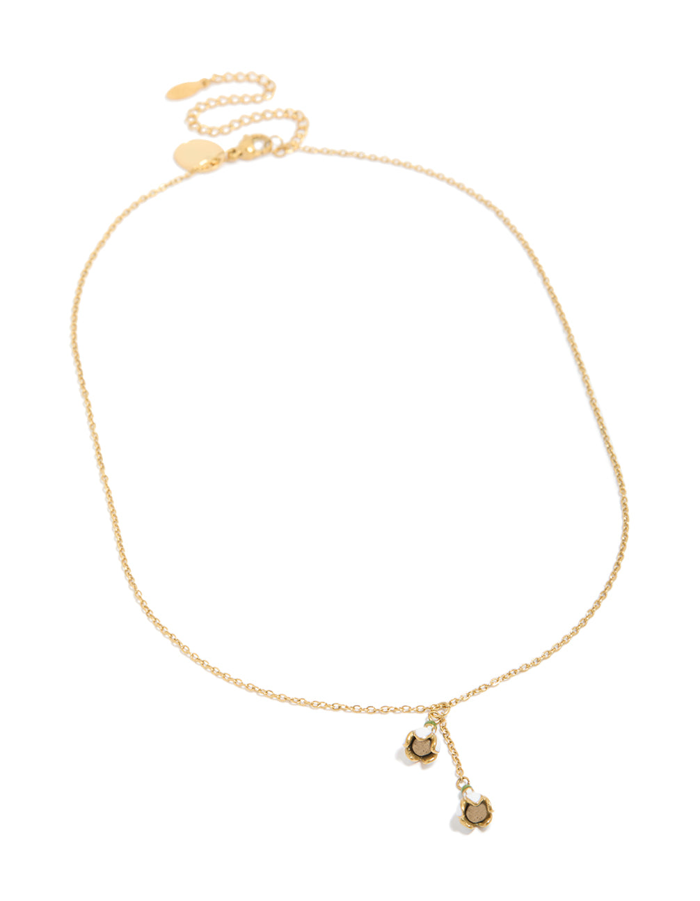 Presenting this floral pendant necklace in waterproof plated stainless steel with gold color front view