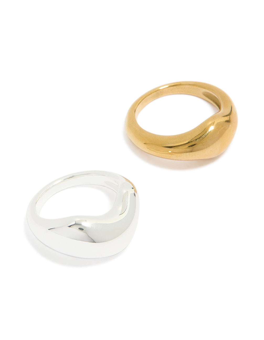 Showcasing waterproof gold and silver plated stainless steel organic bubble rings in a 2-pack front view