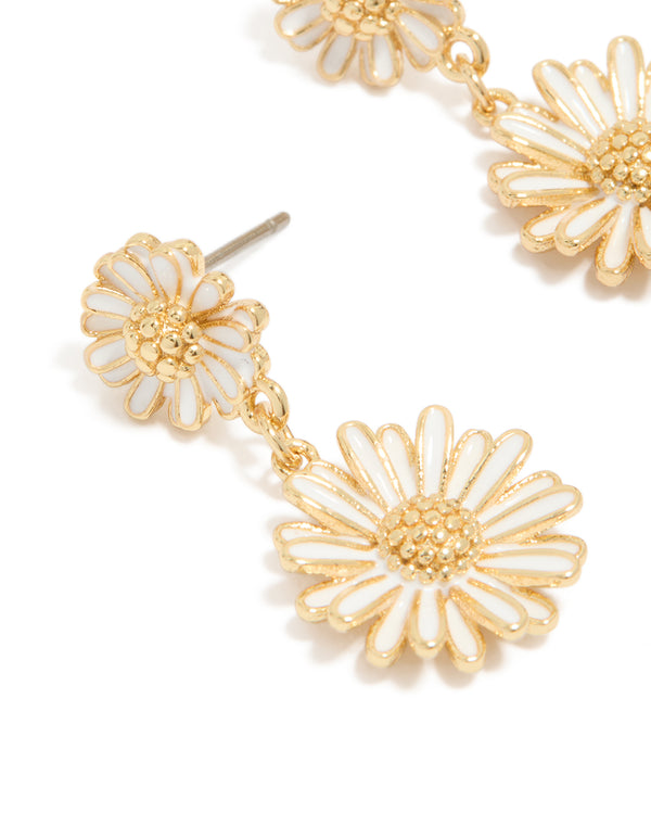 Gold Plated White Enamel Double Daisy Drop Earrings
