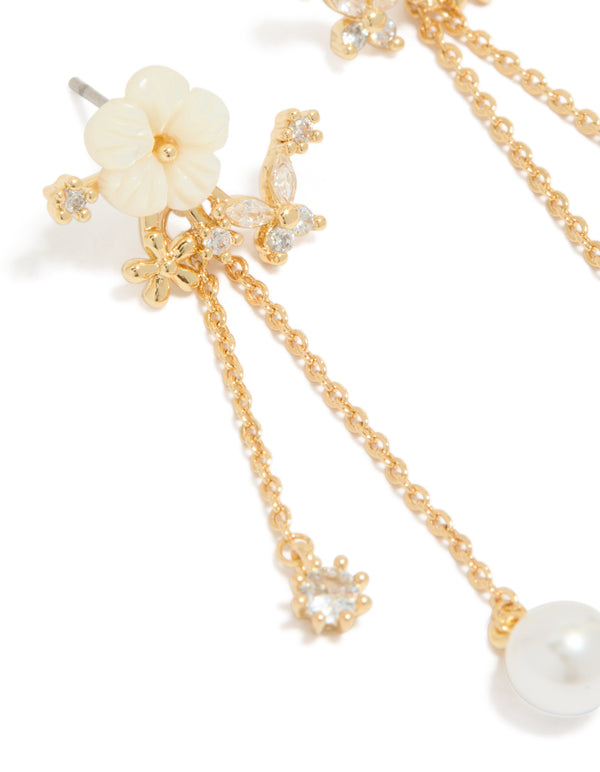 Exquisitely designed gold plated cubic zirconia flower pearl drop earrings with charm close up view