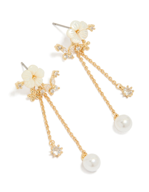 Gold Plated Cubic Zirconia Flower Pearl Drop Earrings