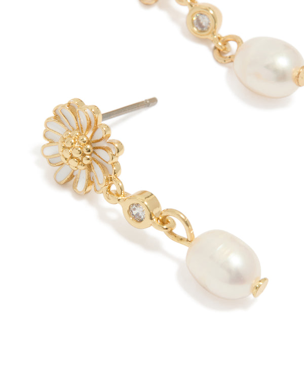 Gold Plated White Enamel Daisy & Freshwater Pearl Drop Earrings