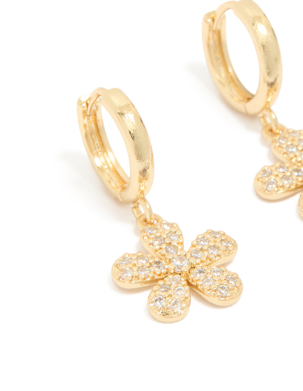 Gold Plated Pave Set Cubic Zirconia Flower Huggie Earrings