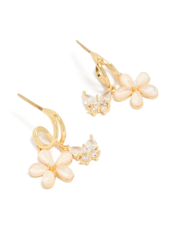 Showcasing gold cubic zirconia butterfly and flower double hoop earrings with floral charms front view