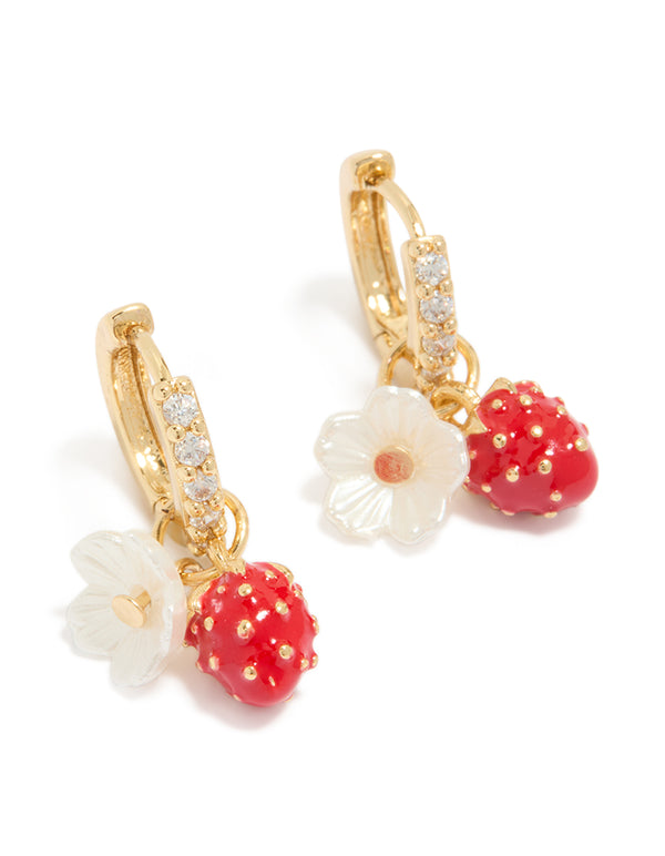 Featuring gold plated cubic zirconia flower strawberry huggie earrings with charm in red ivory white front view