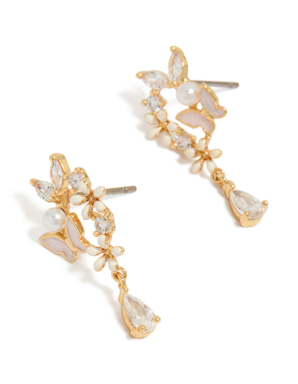 These are gold plated cubic zirconia and pink enamel butterfly cluster drop earrings featuring with pearl accents and pear stone cut front view