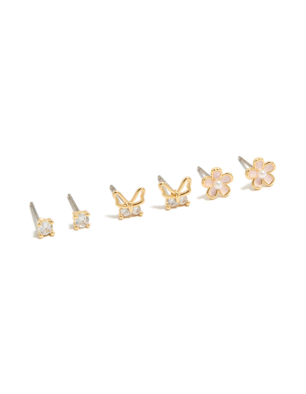 Showcasing gold plated cubic zirconia enamel butterfly and flower earrings in a 3-pack with crystal pearl accents and stud closure front view