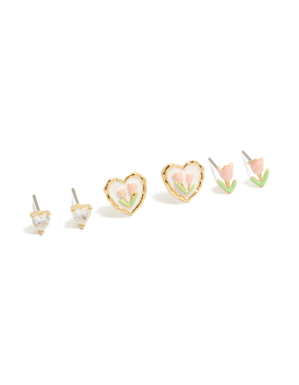 Gold Plated Cubic Zirconia Flower Stud Earrings 3-Pack