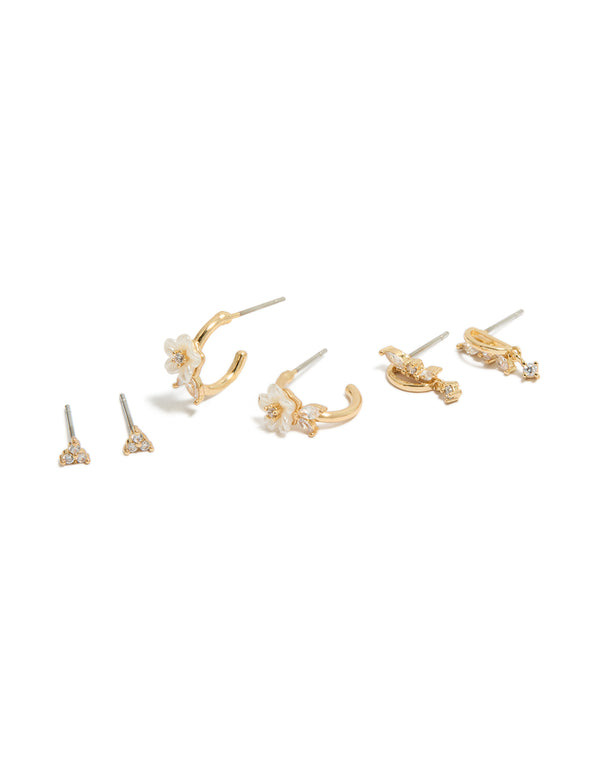 Gold Plated Cubic Zirconia Flower & Half Butterfly Earrings 3- Pack