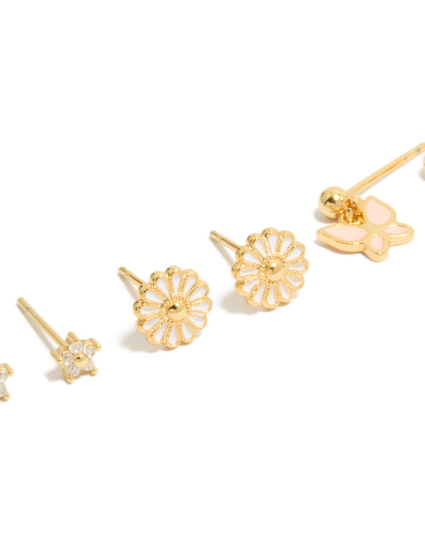 Gold Plated Cubic Zirconia Enamel Daisy & Butterfly Earrings 3-Pack