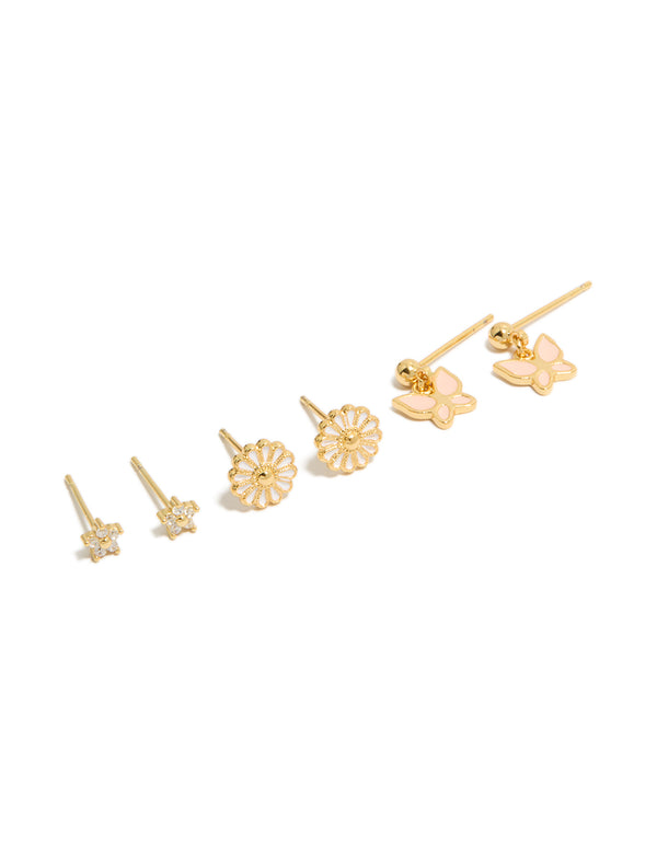 Gold Plated Cubic Zirconia Enamel Daisy & Butterfly Earrings 3-Pack