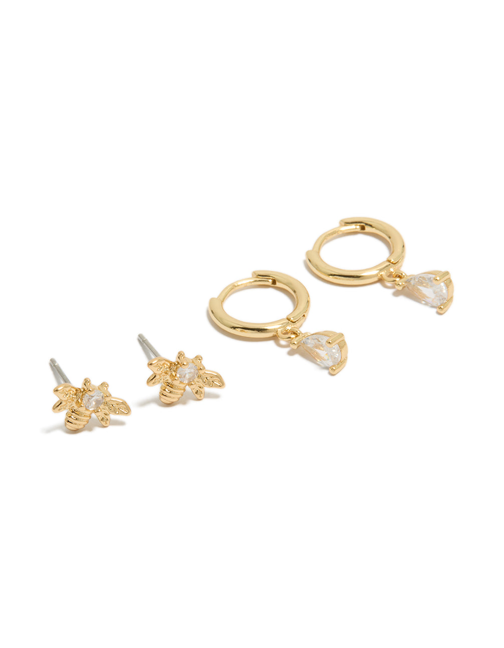 Beautifully crafted gold plated cubic zirconia bumblebee stud and huggie earrings 2-pack with huggie closure front view
