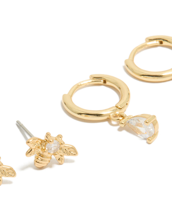 Gold Plated Cubic Zirconia Bumblebee Stud & Huggie Earrings 2-Pack