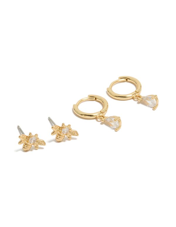 Gold Plated Cubic Zirconia Bumblebee Stud & Huggie Earrings 2-Pack