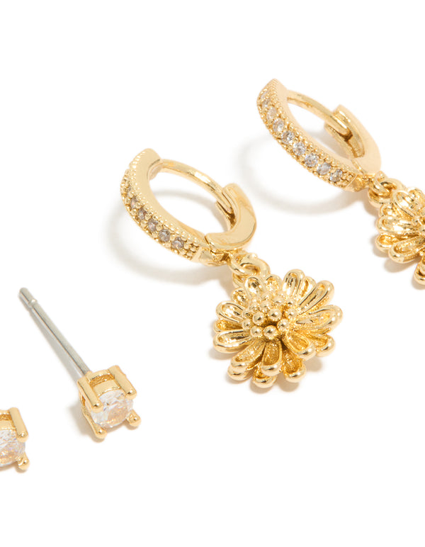 Explore this gold plated cubic zirconia studs and sunflower huggie earrings 2-pack featuring crystal close up view