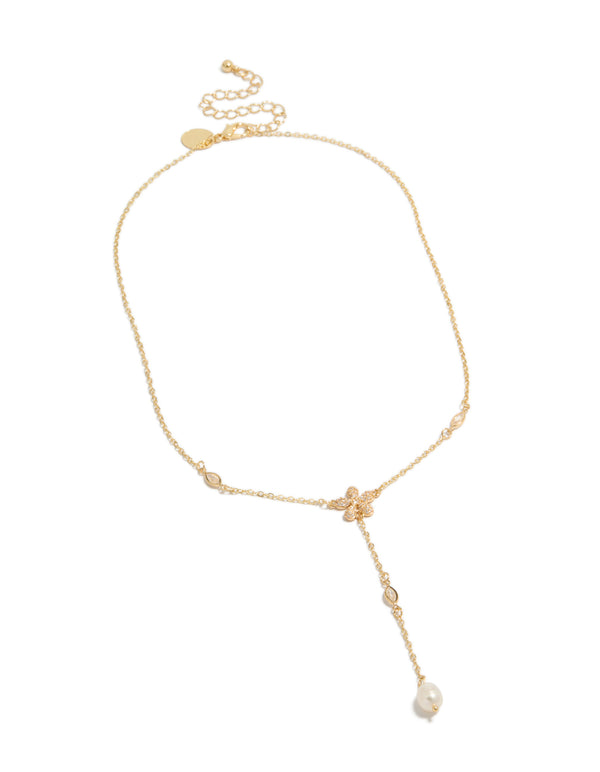 Gold Cubic Zirconia Freshwater Pearl & Flowers Y-Necklace