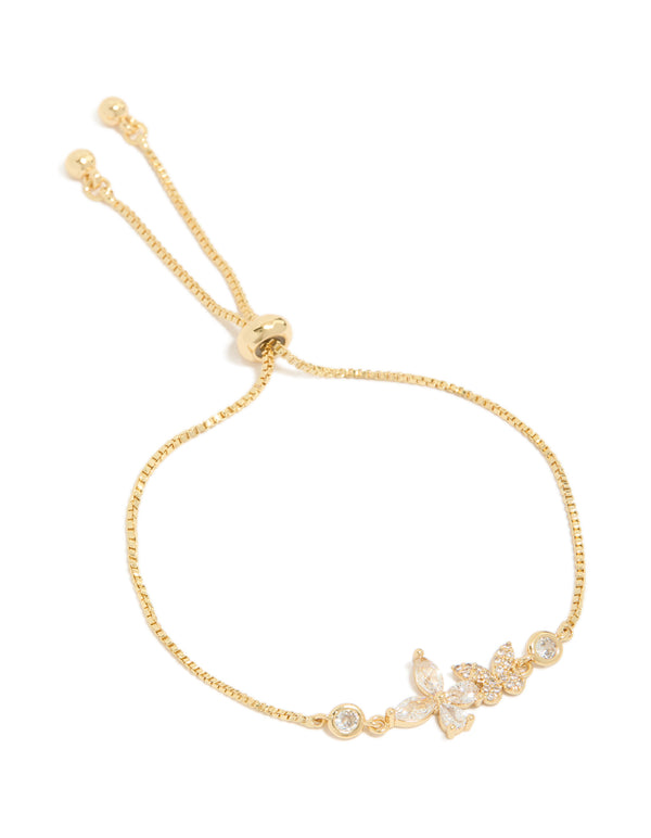 Crafted from gold plated materials, this butterfly bracelet features cubic zirconia stones in a dainty style front view