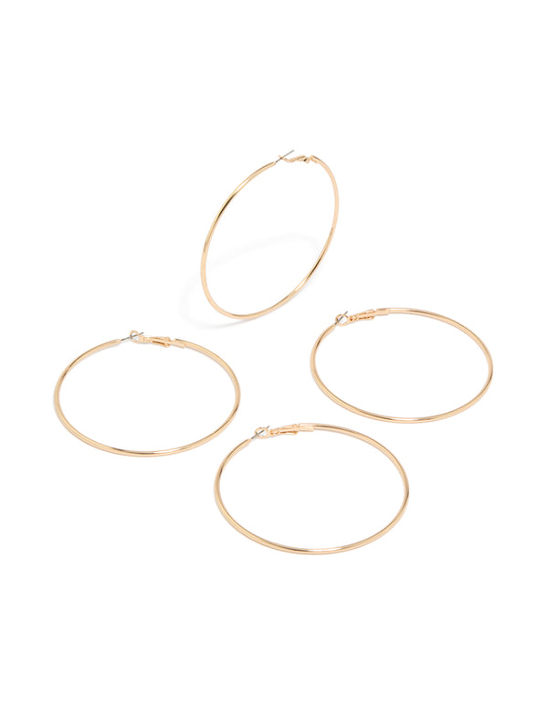 Elegant gold large hoop earrings 2-pack with statement style front view
