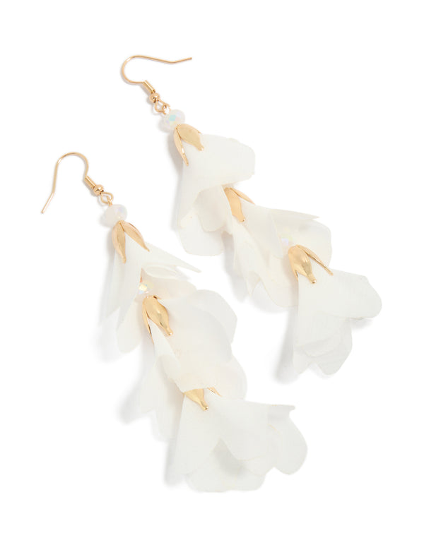 Beautifully crafted gold white floral petal drop earrings front view
