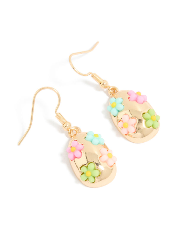 Showcasing teardrop earrings with multicoloured floral feature in gold front view