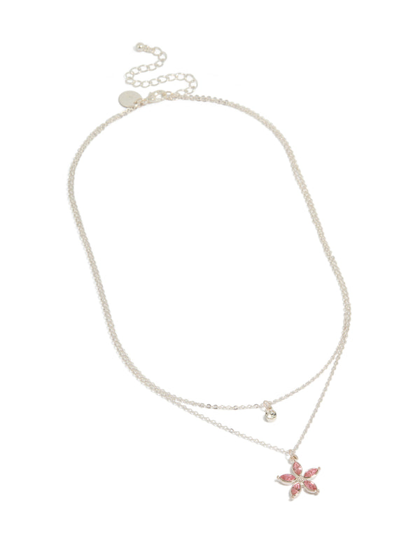 Crafted from silver this clear and pink diamante flower layered necklace front view