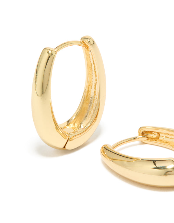 Crafted from gold plated material, skinny teardrop hoop earrings with detailed craftsmanship close up view