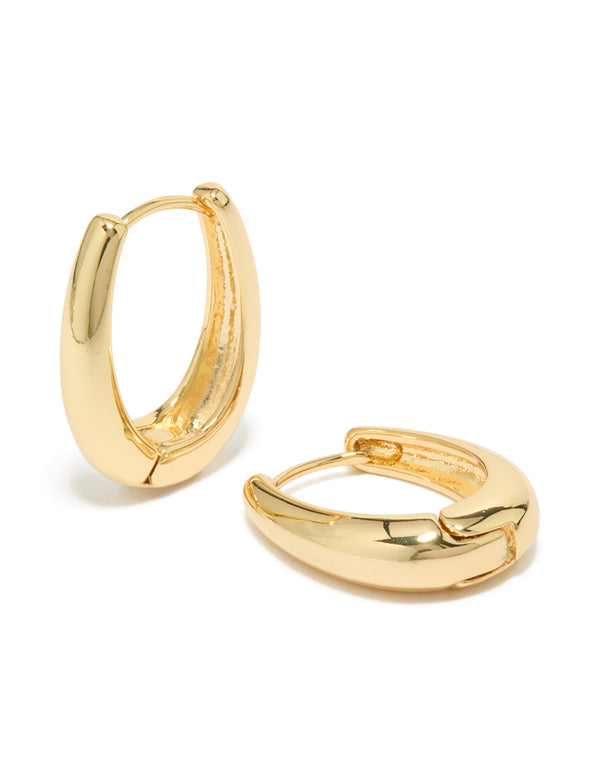 Presenting gold plated skinny teardrop hoop earrings in a polished finish front view